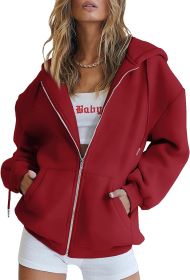 Women's Cute Hoodies Teen Girl Fall Jacket Oversized Sweatshirts Casual Drawstring Clothes Zip Up Y2K Hoodie with Pocket (Color: Red, size: X-Large)