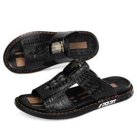 New men's flip-flops crocodile print casual sandals non-slip fashion comfortable slippers (Color: Black, size: 44)