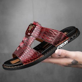 New men's flip-flops crocodile print casual sandals non-slip fashion comfortable slippers (Color: Wine Red, size: 43)